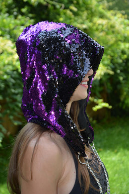 Purple to Black Flip Sequin Shimmer Bling Hood with Silver Chain