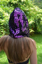 Load image into Gallery viewer, Purple to Black Flip Sequin Shimmer Bling Hood with Silver Chain