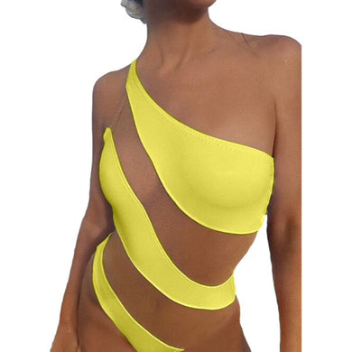 Sheer Patchwork Neon Yellow to Nude One Shoulder Monokini Glow Swimsuit