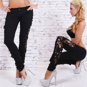 Black Sexy Floral Fashion Destroyed Skinny Jeans