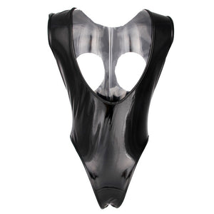 Black Erotic Wet Look Leather Open Cup Dominating Bodysuit