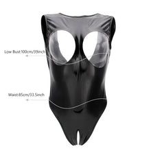 Load image into Gallery viewer, Black Erotic Wet Look Leather Open Cup Dominating Bodysuit