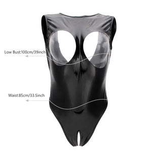 Black Erotic Wet Look Leather Open Cup Dominating Bodysuit