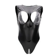 Load image into Gallery viewer, Black Erotic Wet Look Leather Open Cup Dominating Bodysuit