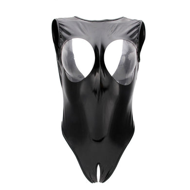 Black Erotic Wet Look Leather Open Cup Dominating Bodysuit