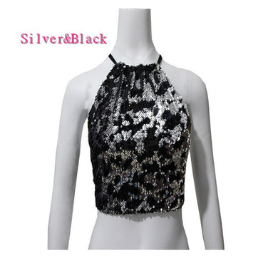 Sparkling Silver to Black Flip Sequin Backless Crop Top with Silver Hoop