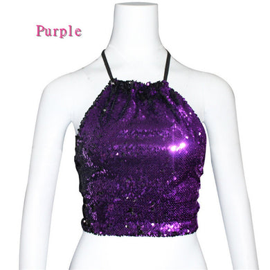 Purple to Black Flip Sequin Backless Crop Top with Silver Hoop