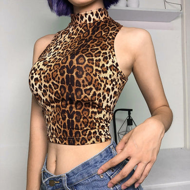 Leopard Print Sleeveless Crew Neck Top