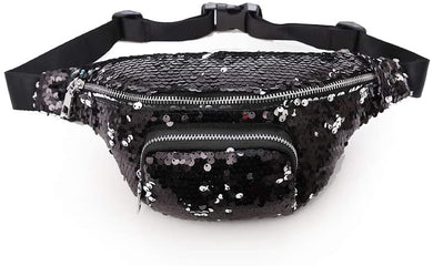 Sparkling Silver to Black Flip Sequin Waist Fanny Pack with an Adjustable Strap
