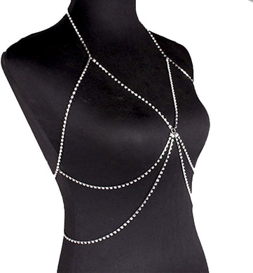 Sparkling Silver Sexy Rhinestone Body Chain with Circle Bra Necklace Jewelry