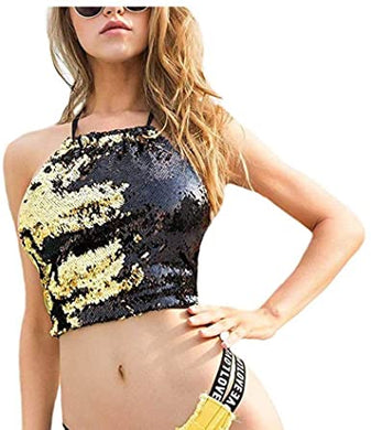 Gold to Black Flip Sequin Backless Crop Top with Silver Hoop
