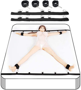 Black Bondage Bed 7 Rings Slave Set Restraint Kit with Eye Mask and Feather