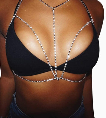 Sparkling Silver Rhinestone Body Chain Harness Bra Jewelry