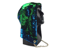 Load image into Gallery viewer, Mermaid Green to Black Flip Sequin Shimmer Bling Hood with Gold Chain