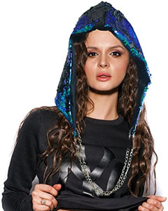 Mermaid Green to Black Flip Sequin Shimmer Bling Hood with Silver Chain