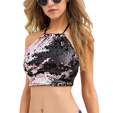 Pink to Black Flip Sequin Backless Crop Top with Silver Hoop