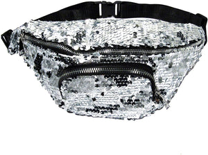 Sparkling Silver to Black Flip Sequin Waist Fanny Pack with an Adjustable Strap