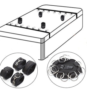 Black Bondage Bed 7 Rings Slave Set Restraint Kit with Eye Mask and Feather