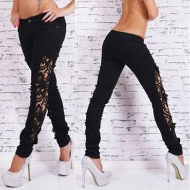Black Sexy Floral Fashion Destroyed Skinny Jeans