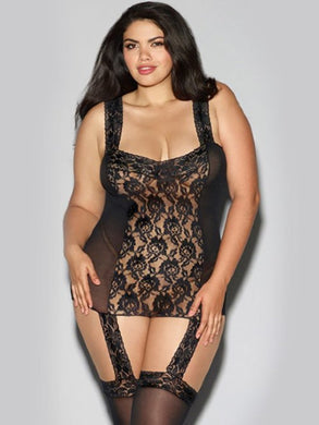 Black Sexy Super Stretch Lace and Floral Garter Lingerie Dress