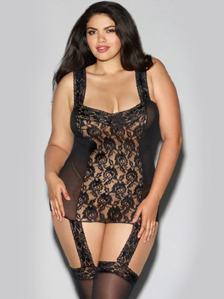 Black Sexy Super Stretch Lace and Floral Garter Lingerie Dress
