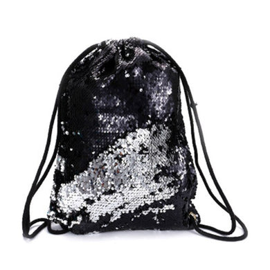 Sparkling Silver to Black Flip Sequin Drawstring Backpack