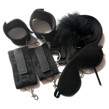 Load image into Gallery viewer, Black Bondage Bed 7 Rings Slave Set Restraint Kit with Eye Mask and Feather