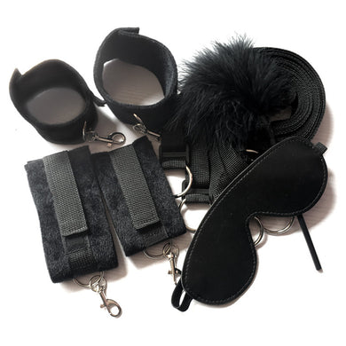 Black Bondage Bed 7 Rings Slave Set Restraint Kit with Eye Mask and Feather