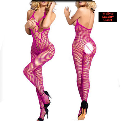 Hot Pink Sexy Fishnet Body Suit Open Crotch