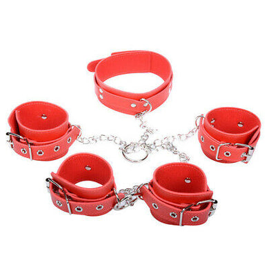 Red Bondage Ankle Cuffs and Neck Collar with Iron Chains Restraint Set