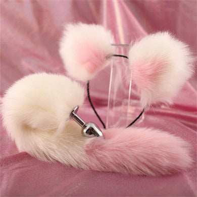 Pink and White Faux Fox Tail Butt Plug with Matching Ears
