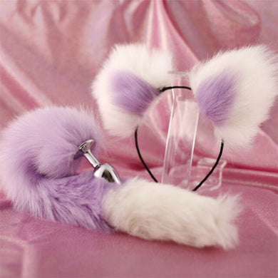 Purple and White Faux Fox Tail Butt Plug with Matching Ears