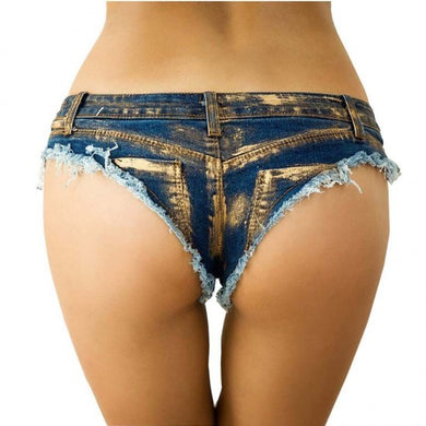 Medium Wash Ripped Denim Thong Shorts