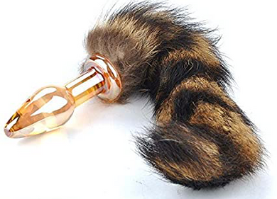 Yellow and Brown Faux Raccoon Tail Glass Butt Plug