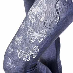 Medium Wash Fashion Leggings with Butterfly Print Design
