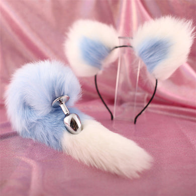 Blue and White Faux Fox Tail Butt Plug with Matching Ears