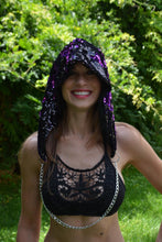 Load image into Gallery viewer, Purple to Black Flip Sequin Shimmer Bling Hood with Silver Chain