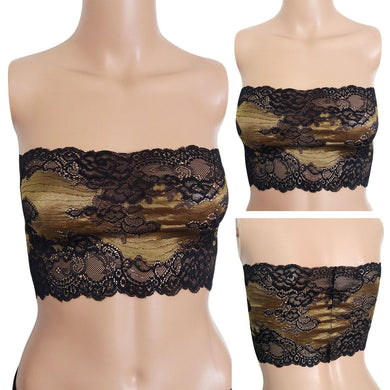 Black and Gold Lace Floral Tube Top