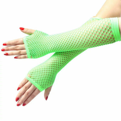 Neon Green UV Glow Long Fishnet Mesh Fingerless Gloves