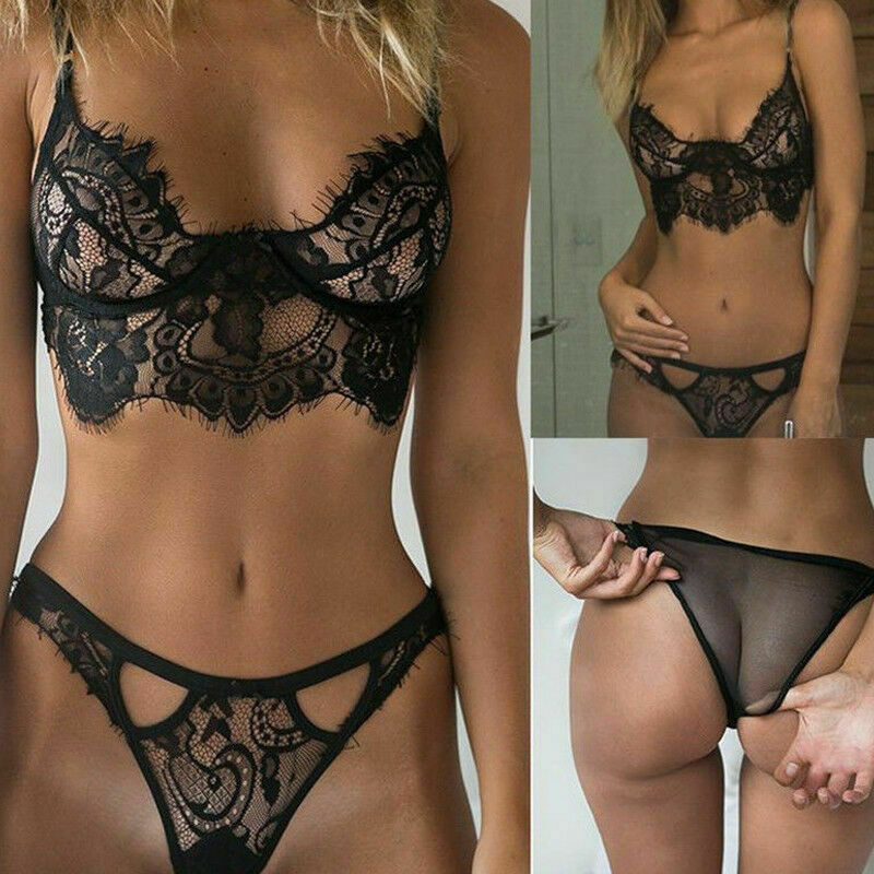 Black Sexy Floral Lace Sheer Bra and Panty Lingerie Set