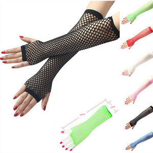 Neon Green UV Glow Long Fishnet Mesh Fingerless Gloves