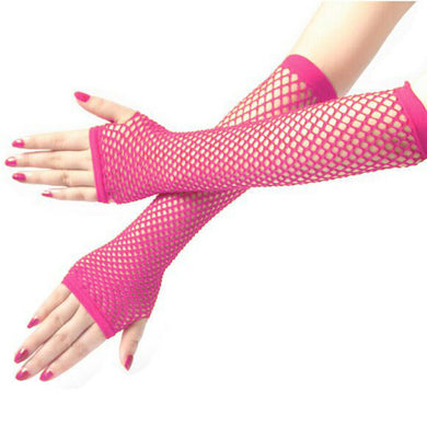 Neon Pink UV Glow Long Fishnet Mesh Fingerless Gloves