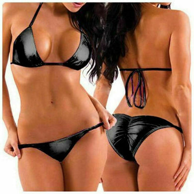 Sexy Black Wet Look Two-Piece Bikini with Triangle Top and Brazilian Bottoms