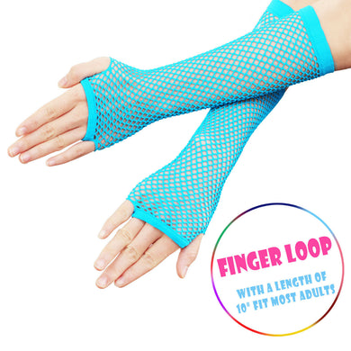 Neon Blue Long Fishnet Mesh Fingerless Gloves