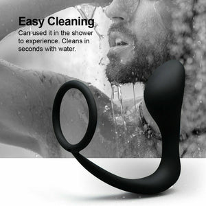 Black Butt Plug and Penis Ring Combo with Stimulating Prostate Massager