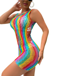 rainbow fishnet mini dress Music Legs 6441-RAINBOW Rainbow Fishnet Dress - Rainbow