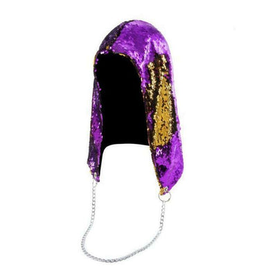 Purple to Gold Flip Sequin Shimmer Bling Hood with Silver Chain