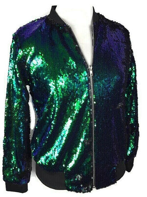 Mermaid Green to Black Flip Sparkle Sequin Long Sleeve Zipper Front Lightweight Bomber Jacket