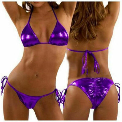Sexy Purple Wet Look Two-Piece Bikini with Triangle Top and Brazilian Bottoms