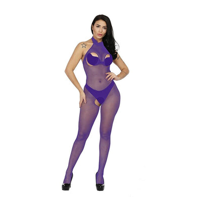 Purple Fishnet Open Cup Bodystocking Lingerie